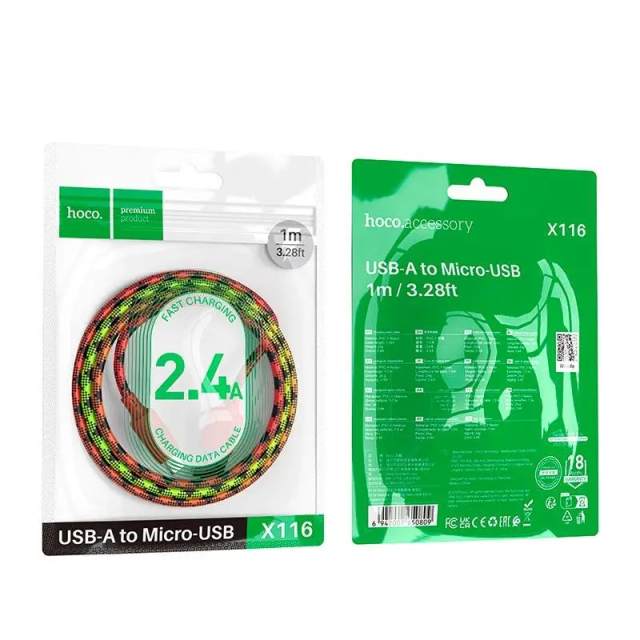 Kabel USB A na Micro USB Hoco 2,4 A, 1 m, s barevným přechodem, červený