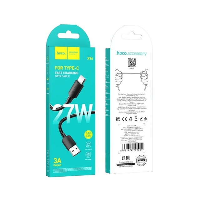 Kabel USB A na USB C Hoco PD 2,4 A, 27 W, 1 m, X96, černý
