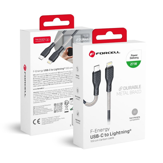 Kabel USB-C na Lightning Forcell F-Energy PD 3A 27 W Carbon, 1 m, CB-01C, černý