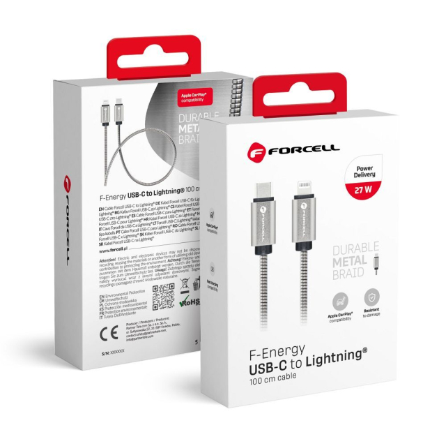 Kabel USB-C na Lightning Forcell F-Energy PD 3A 27 W, kovový, 1 m, C238, stříbrný
