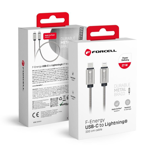 Kabel USB-C na Lightning Forcell F-Energy PD 3A 27 W, kovový, 2 m, C238, stříbrný