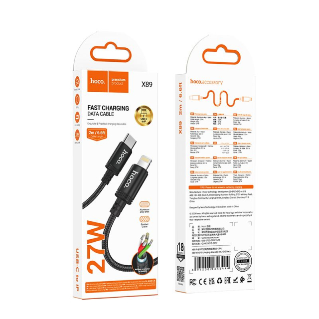 Kabel USB-C na Lightning Hoco PD 27 W, 2 m, X89, černý