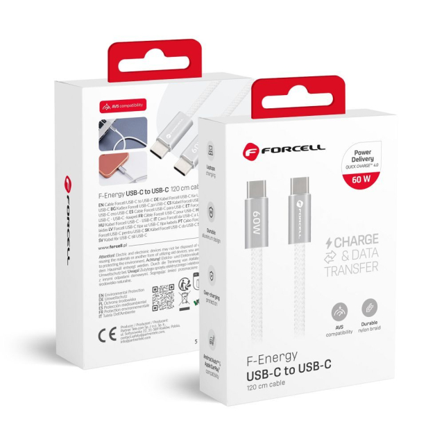 Kabel USB-C na USB-C Forcell F-Energy QC4.0 PD 3 A 60 W, barva Cafule, délka 1,2 m, ACYH23, bílý