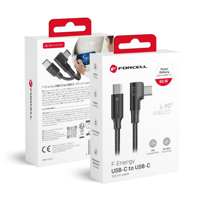 Kabel USB-C na USB-C Forcell F-Energy QC4.0 PD 3 A 60 W Cafule 90° 1,2 m CC-1Deg černý