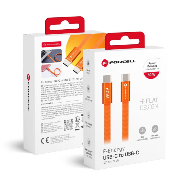 Kabel USB-C na USB-C Forcell F-Energy QC4.0 PD 3 A 60 W Cafule Flat 1,2 m CCFN23 oranžový