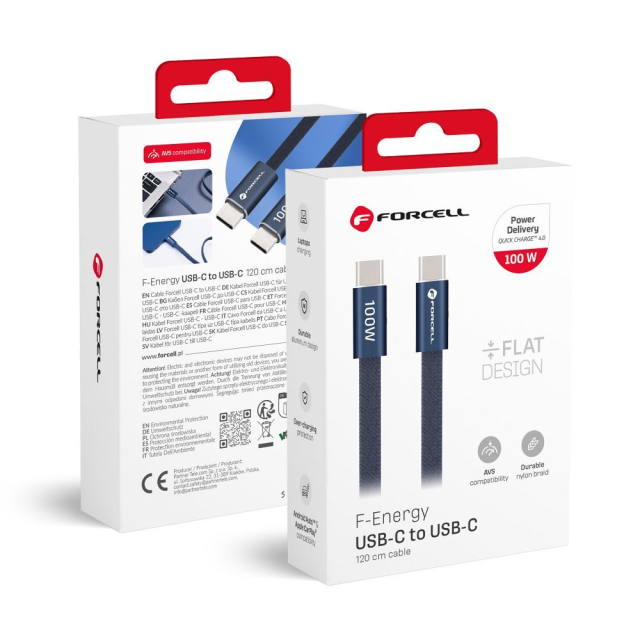 Kabel USB-C na USB-C Forcell F-Energy QC4.0 PD 5 A 100 W Cafule Flat 1,2 m CCFN23 tmavě modrý