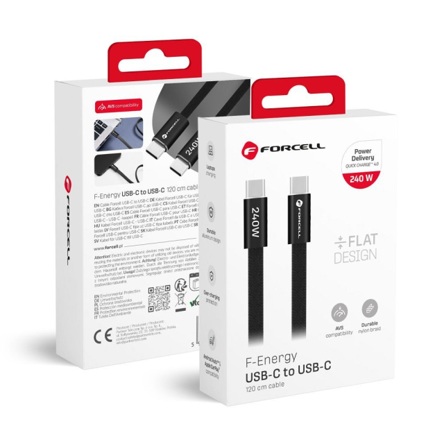 Kabel USB-C na USB-C Forcell F-Energy QC4.0 PD 5 A 240 W Cafule Flat 1,2 m CCFN23 černý