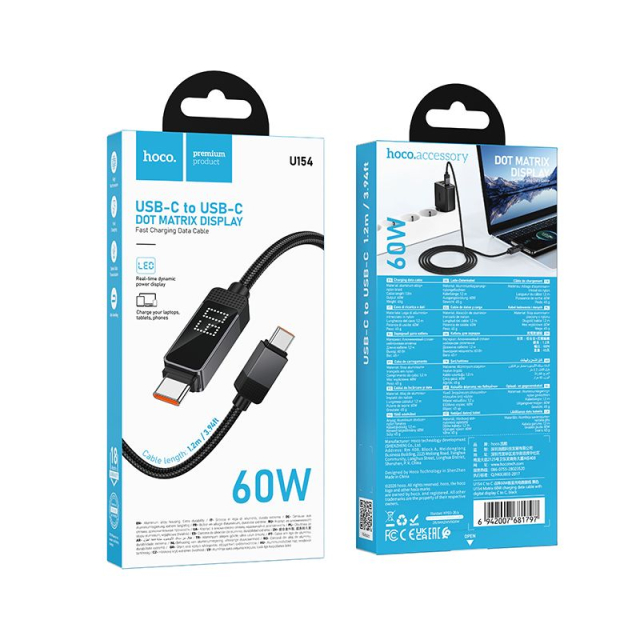 Kabel USB-C na USB-C Hoco 3 A, 60 W s LCD displejem Dpot Matrix, 1 m, U154, černý