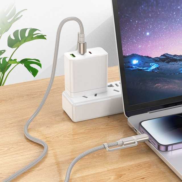 Kabel „vše v jednom“ USB-C / Lightning na USB-C / s LED diodou Hoco PD 3 A 60 W 1,2 m U138 šedý