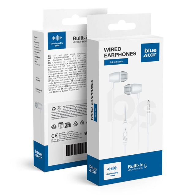 Kabelová sluchátka s konektorem 3,5 mm Blue Star PA-E67, 1,2 m, bílá