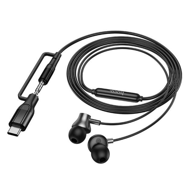 Kabelová sluchátka s mikrofonem, konektor 3,5 mm / USB-C, Hoco M119A, černá
