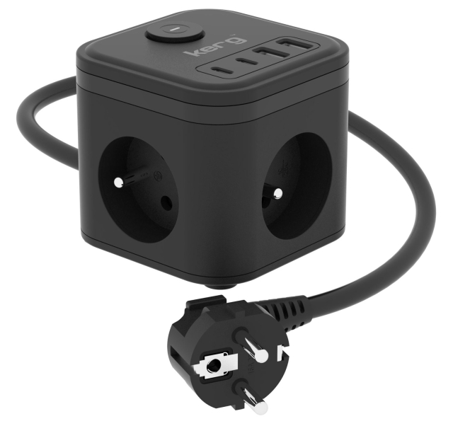 KERG 3-zásuvková rozvodná kostka + rychlá nabíječka USB-A + USB-C, 1,5 m, 3 × 1,5 mm², H05VV-F, 16 A/250 V~, Smart, černá