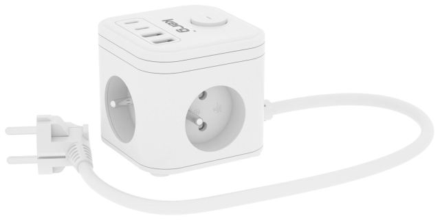 KERG 3-zásuvková rozvodná skříňka + nabíječka USB-A a USB-C, 1,5 m, 3×1,5 mm², H05VV-F, 16 A/250 V~, Smart white
