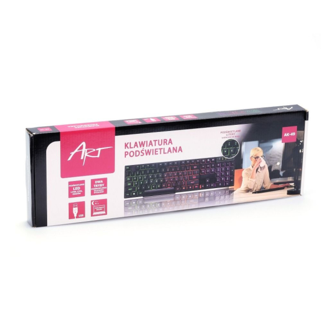 Klávesnice ART s kabelem USB typu A, rozložení QWERTY, podsvícená, model AK-49, černá