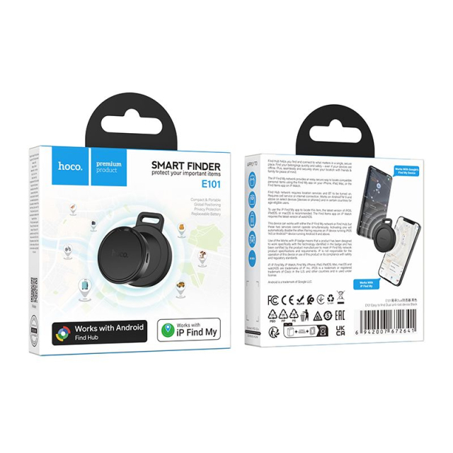 Lokátor kompatibilní s aplikacemi Apple Find My a Google Find My Device – Hoco E101, černý