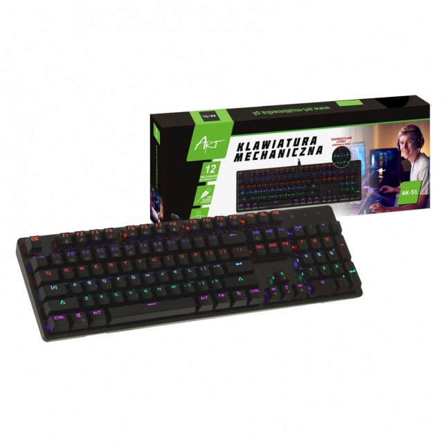 Mechanická klávesnice ART s kabelem USB A, rozložení QWERTY, LED, model AK-51, černá