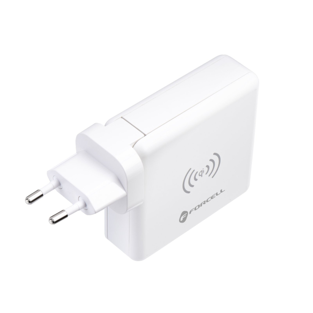 Multifunkční nabíječka Forcell F-Energy 4 v 1: 2 x USB-A + USB-C 15 W + powerbanka 8000 mAh + bezdrátové nabíjení, bílá