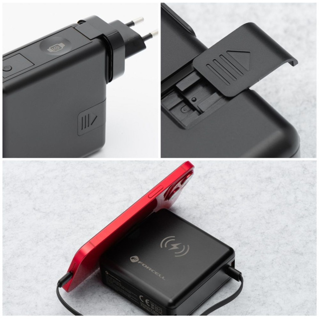 Multifunkční nabíječka Forcell F-Energy 6 v 1: USB-A + USB-C PD 45 W + powerbanka 15 000 mAh + bezdrátové nabíjení 15 W, černá