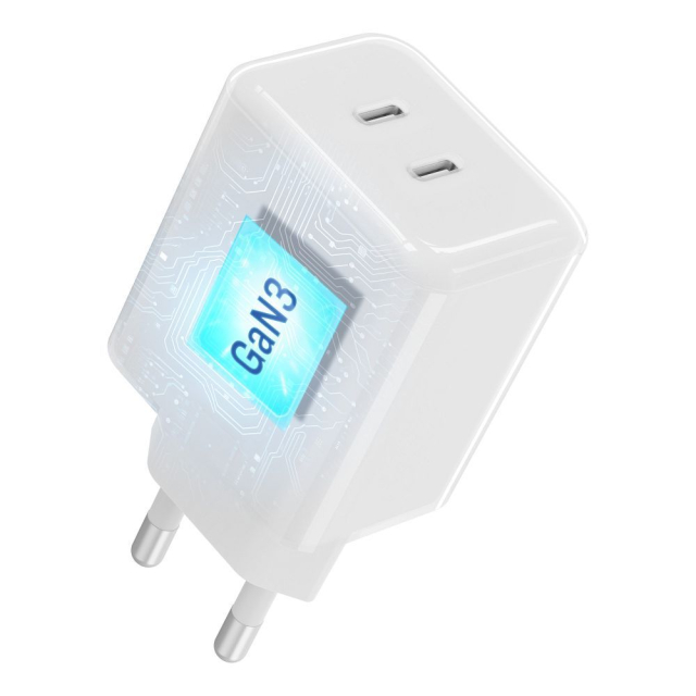 Nabíječka Forcell F-Energy GaN III Crystal Color 2x USB-C AVS SSFC3.0 60 W + silikonový kabel USB-C na USB-C VT-60, bílá