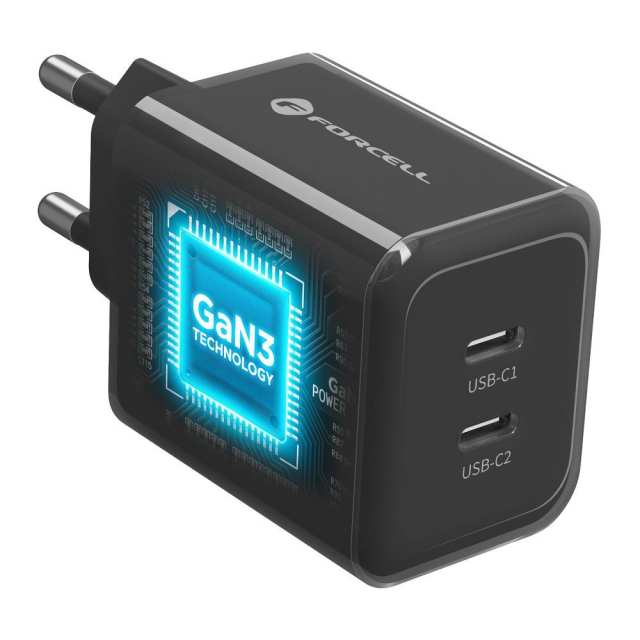 Nabíječka Forcell F-Energy GaN III Crystal Color 2x USB-C AVS SSFC3.0 60 W + silikonový kabel USB-C na USB-C VT-60, černá