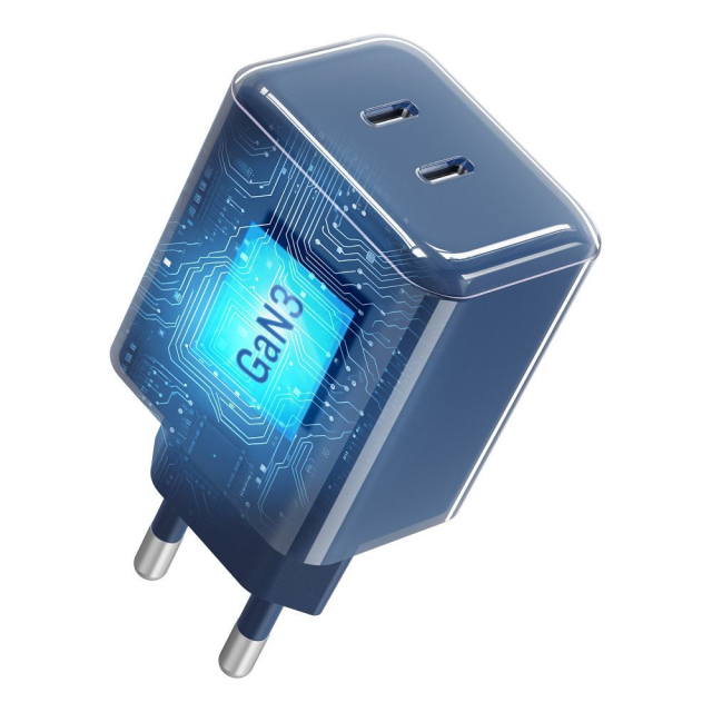 Nabíječka Forcell F-Energy GaN III Crystal Color 2x USB-C AVS SSFC3.0 60 W + silikonový kabel USB-C na USB-C VT-60 tmavě modrý