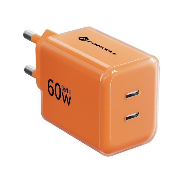 Nabíječka Forcell F-Energy GaN III Crystal Color 2x USB-C AVS SSFC3.0 60 W + silikonový kabel USB-C na USB-C VT-60, oranžová
