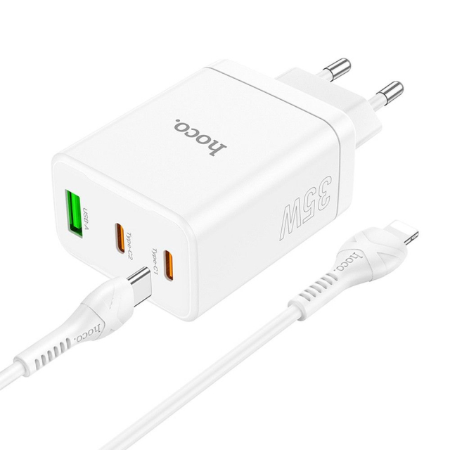 Nabíječka Hoco 2 x USB-C + USB-A, QC3.0, PD 3A, 35 W + kabel USB-C na Lightning N33, bílá