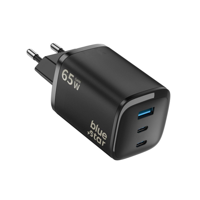 Nabíječka na telefon Blue Star Nano GaN 2x USB-C + USB-A, QC 4.0, PD 3 A, 65 W, VT-335, černá