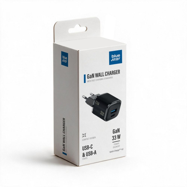 Nabíječka na telefon Blue Star Nano GaN USB-C + USB-A QC4.0 PD 3 A 33 W VT-332, černá