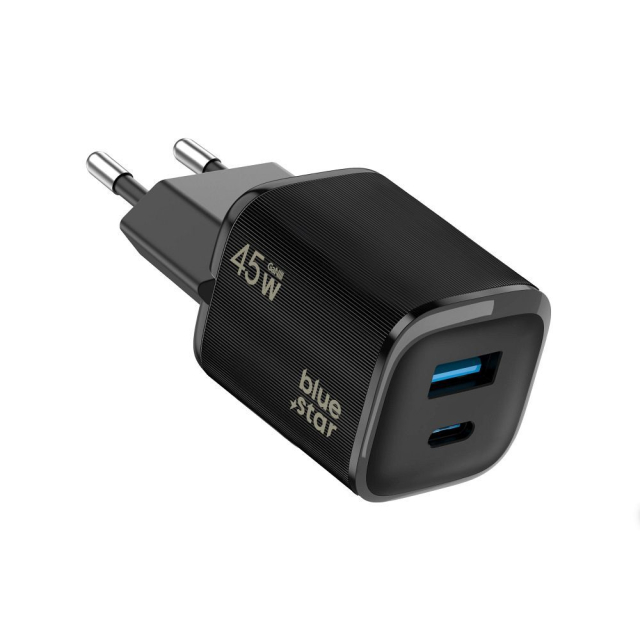 Nabíječka na telefon Blue Star Nano GaN USB-C + USB-A QC4.0 PD 3 A 45 W VT-334, černá