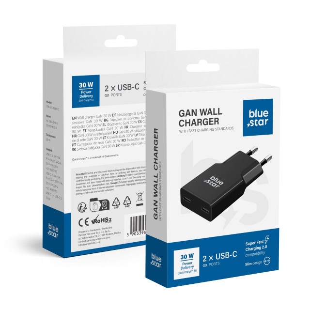 Nabíječka na telefon Blue Star Slim GaN, 2 x USB-C, QC 4.0, PD 3 A, 30 W, TFK-SC-30WCC, černá