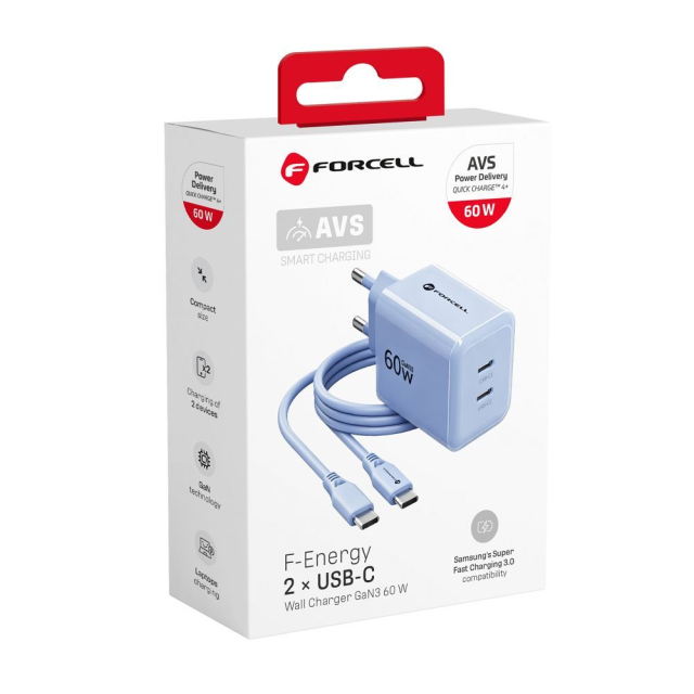 Nabíječka na telefon Forcell F-Energy GaN III Crystal Color 2x USB-C AVS SSFC3.0 60 W + silikonový kabel USB-C na USB-C VT-60 světle modrý