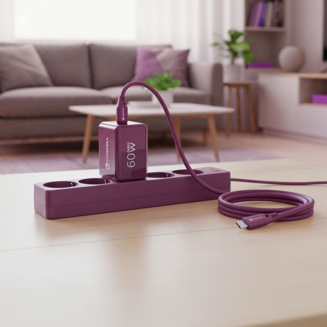 Nabíječka na telefon Forcell F-Energy GaN III Crystal Color 2x USB-C AVS SSFC3.0 60 W + silikonový kabel USB-C na USB-C VT-60, vínová