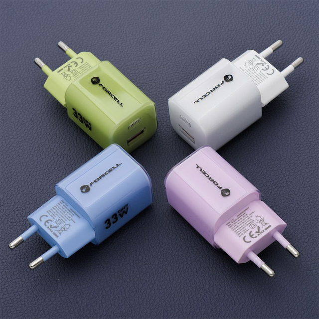 Nabíječka na telefon Forcell F-Energy GaN III Crystal Color USB-C + USB-A QC4.0 PD 33 W + silikonový kabel USB-C na USB-C VT-41, modrá