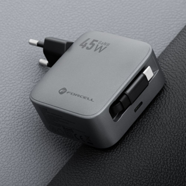Nabíječka na telefon Forcell F-Energy GaN USB-C + navíjecí kabel USB-C PD QC4.0 3 A 45 W VT-R5, šedá