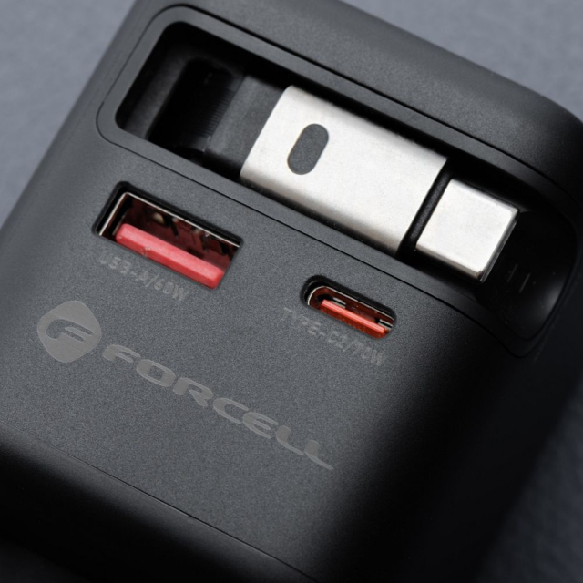 Nabíječka na telefon Forcell F-Energy GaN USB-C + USB-A + navíjecí kabel USB-C PD QC4.0 3 A 70 W VT-R7, šedá