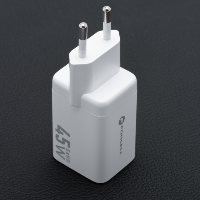 Nabíječka na telefon Forcell F-Energy Mini GaN III, 2 x USB-C, PD, QC 4.0, 45 W, VT-36B, bílá