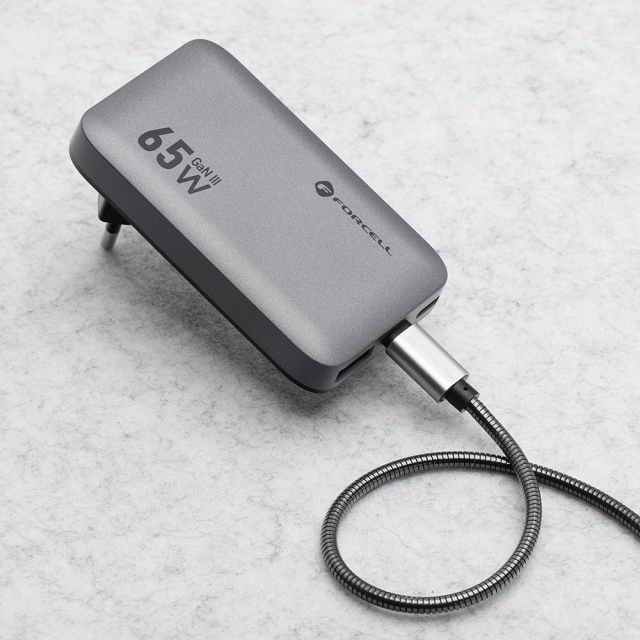 Nabíječka na telefon Forcell F-Energy Ultra Slim GaN III, 2 x USB-C + USB-A, QC 4.0, PD 4 A, 65 W, VT-47, šedá, 0INT