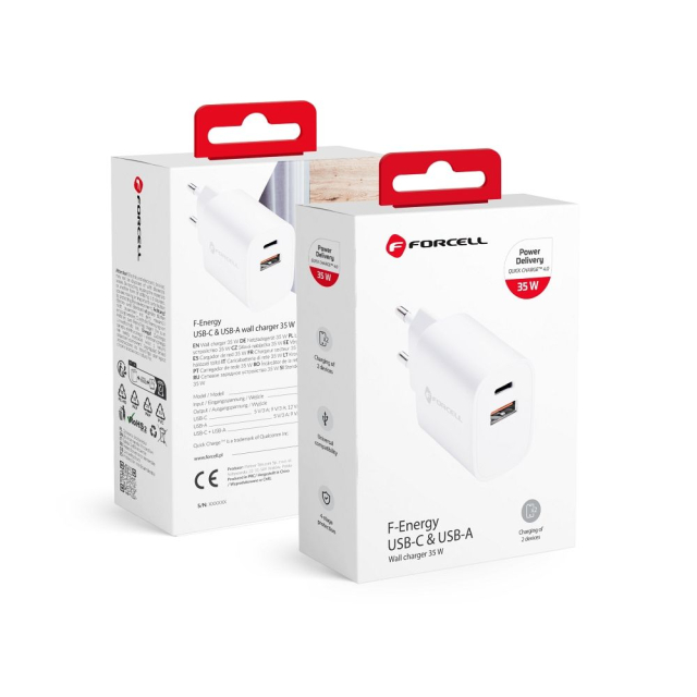 Nabíječka na telefon Forcell F-Energy USB-C + USB-A QC4.0 PD 3A 35 W TFK-TC-35WPD, bílá