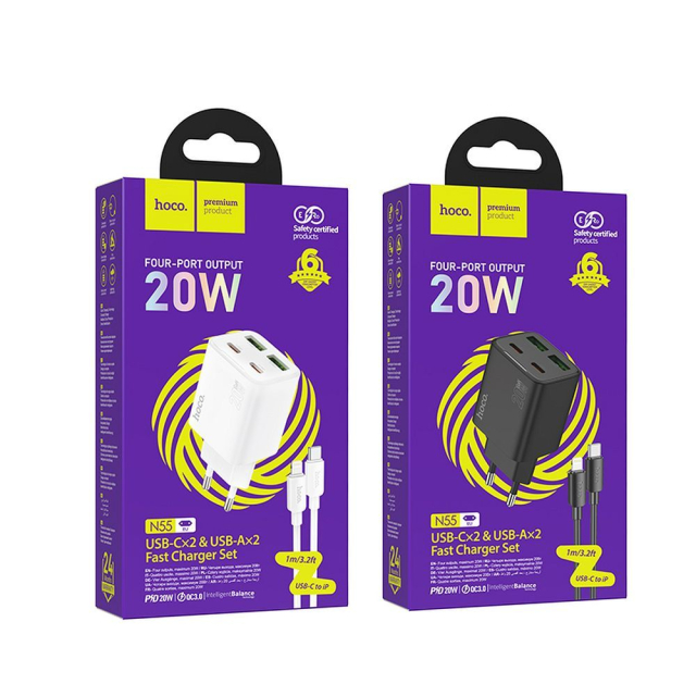 Nabíječka na telefon Hoco 2 x USB-C + 2 x USB-A, QC3.0, PD 3 A, 20 W + kabel USB-C na Lightning N55, bílá