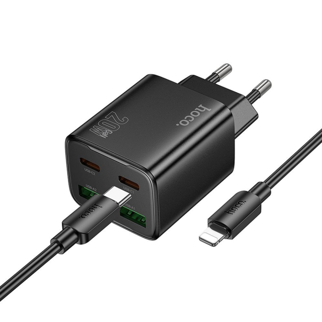 Nabíječka na telefon Hoco 2 x USB-C + 2 x USB-A, QC3.0, PD 3 A, 20 W + kabel USB-C na Lightning N55, černá