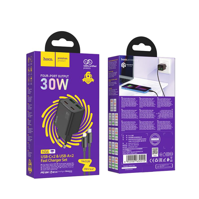 Nabíječka na telefon Hoco 2 x USB-C + 2 x USB-A, QC3.0, PD 3 A, 30 W + kabel USB-C na Lightning N56, černá