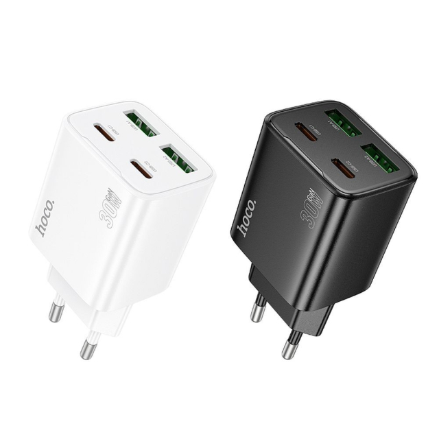 Nabíječka na telefon Hoco 2 x USB-C + 2 x USB-A, QC3.0, PD, 3 A, 30 W, N56, bílá