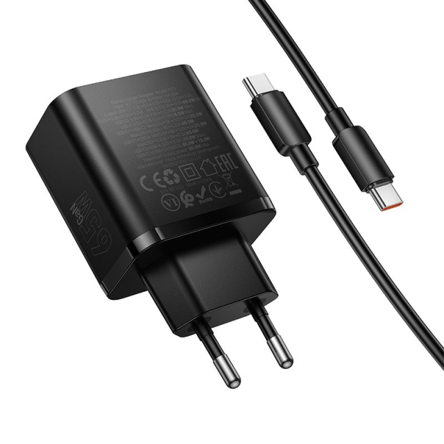 Nabíječka na telefon Hoco 2x USB-C + USB-A, QC3.0, PD 3A, 65 W + datový kabel USB-C na USB-C, N75, černá