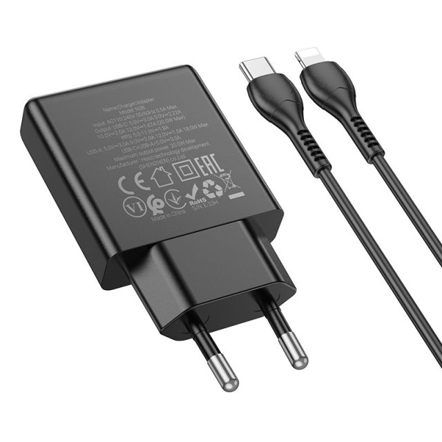 Nabíječka na telefon Hoco Slim USB-A + USB-C QC3.0 PD 3 A 20 W + kabel USB-C na Lightning N38, černá