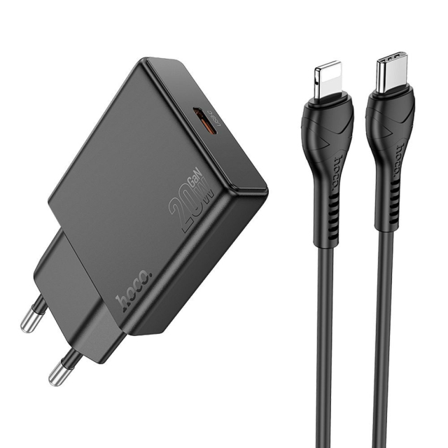 Nabíječka na telefon Hoco Slim USB-C QC PD 20 W + kabel USB-C na Lightning N37, černá