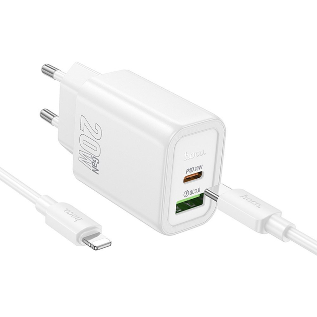 Nabíječka na telefon Hoco USB-A + USB-C QC3.0 PD 3 A 20 W + kabel USB-C na Lightning N61, bílá