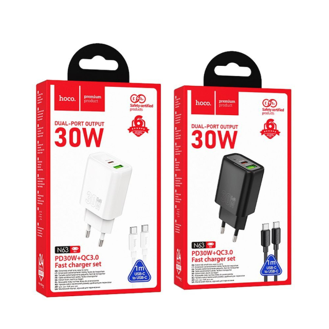 Nabíječka na telefon Hoco USB-A + USB-C QC3.0 PD 3 A 30 W + kabel USB-C na USB-C N63, bílá