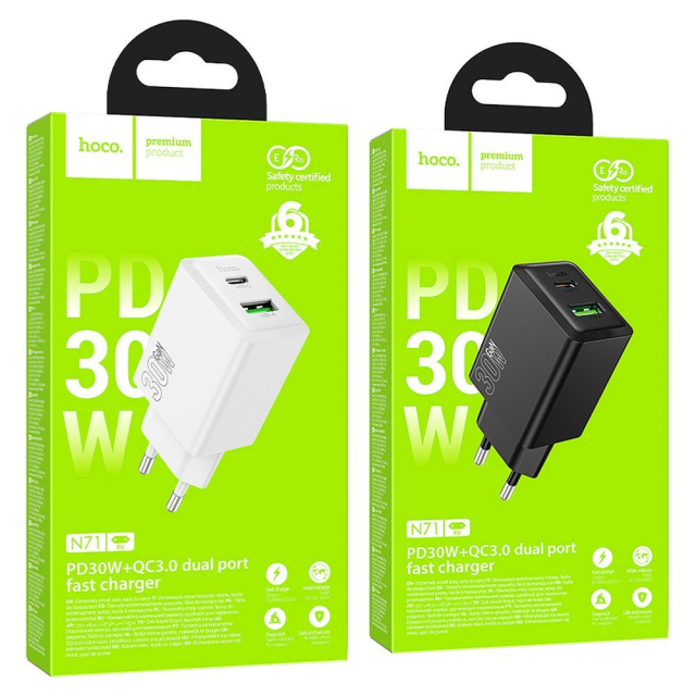 Nabíječka na telefon Hoco USB-A + USB-C QC3.0 PD AFC 3 A 30 W N71, bílá