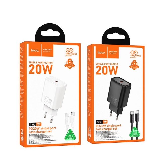 Nabíječka na telefon Hoco USB-C QC PD 20 W + kabel USB-C na USB-C N60, bílá